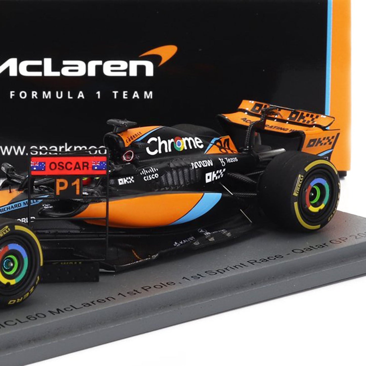 #81 Piastri MCL60 Qatar GP 2023 Winner with Pit Board 1:43 Spark Car Model